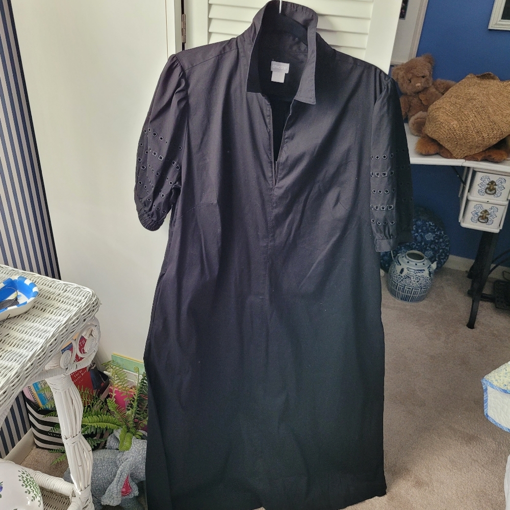 Chico's Black Casual Dress Eyelet Puff Sleeve Sz 3=16/XL. - Picture 13 of 16